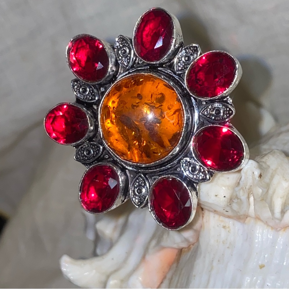 Baltic Amber + Red Quartz Cluster Handmade statement Ring